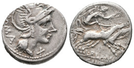 L. Flaminius Chilo, Rome, 109-108 BC. AR Denarius (18.5mm, 3.98g). Helmeted head of Roma r. R/ Victory driving biga r. Crawford 302/1; RBW 1144; RSC F...
