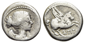 Q. Titius, Rome, 90 BC. AR Quinarius (12mm, 1.89g, 9h). Draped and winged bust of Victory r. R/ Pegasus springing r. Crawford 341/3; RBW 1276; RSC Tit...