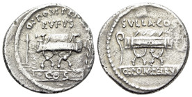 Q. Pompeius Rufus, Rome, 54 BC. AR Denarius (18mm, 3.70g, 2h). Curule chair flanked by arrow and laurel branch. R/ Curule chair flanked by lituus and ...