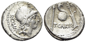 T. Carisius, Rome, 46 BC. AR Denarius (18mm, 3.50g, 10h). Head of Roma r., wearing ornate crested helmet. R/ Sceptre, cornucopia on globe, and rudder;...