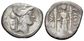 P. Clodius M.f. Turrinus, Rome, 42 BC. AR Denarius (18mm, 3.44g, 7h). Laureate head of Apollo r.; lyre behind. R/ Diana Lucifera standing r., holding ...