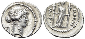 P. Clodius M.f. Turrinus, Rome, 42 BC. AR Denarius (20mm, 3.78g, 6h). Laureate head of Apollo r.; lyre behind. R/ Diana Lucifera standing r., holding ...