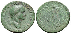 Vespasian (69-79). Æ As (27mm, 9.74g, 6h). Lugdunum, AD 71. Laureate head r., small globe at point of bust. R/ Victory walking l., holding wreath and ...