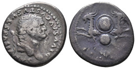 Divus Vespasian (died AD 79). AR Denarius (16mm, 2.9g). Rome, 80-1. Laureate head r. R/ Foreparts of two capricorns springing in opposing directions, ...