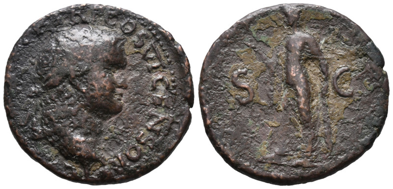 Titus (Caesar, 69-79). Æ As (27mm, 7.86g). Lugdunum, 77-8. Laureate head r., glo...