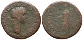 Domitian (81-96). Æ As (28mm, 10.28g). Rome. Laureate bust r., wearing aegis. R/ Moneta standing l., holding scales and cornucopia. Cf. RIC II 221. Fa...
