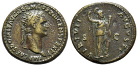 Domitian (81-96). Æ Dupondius (30mm, 14.19g, 6h). Rome, AD 87. Radiate head r. R/ Virtus standing r., holding spear and parazonium. RIC II 540. Brown ...