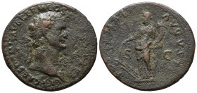 Domitian (81-96). Æ As (28mm, 10.00g). Rome. Laureate head r. R/ Fortuna standing l., holding rudder and cornucopia. Cf. RIC II 544. Fine