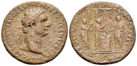 Domitian (81-96). Æ As (27mm, 11.18g, 6h). Secular Games issue. Rome, AD 88. Laureate head r. R/ Domitian standing l., sacrificing over altar; to l., ...