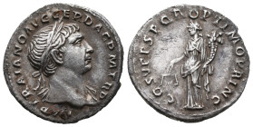 Trajan (98-117). AR Denarius (18mm, 3.13g). Rome, 103-111. Laureate bust r., drapery on l. shoulder. R/ Aequitas standing l., holding scales and cornu...