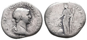Trajan (98-117). AR Denarius (18mm, 2.93g) Rome, 116-7. Laureate and draped bust r. R/ Providentia standing facing, head l., holding outstretched hand...