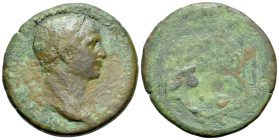 Trajan (98-117). Æ Sestertius (32mm. 25.11g, 12h).Rome, c. AD 107-110. Laureate bust r., slight drapery. R/ Single-span bridge across river; arched to...