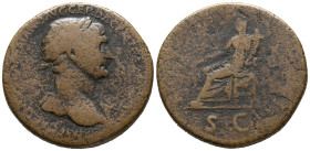 Trajan (98-117). Æ Sestertius (34mm, 25.83g). Rome. Laureate bust r., slight drapery. R/ Fortuna seated l., holding rudder and cornucopiae. Cf. RIC II...