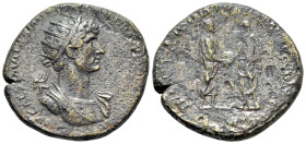Hadrian (117-138). Æ Dupondius (26mm, 12.51g, 6h), Rome, AD 117. Radiate, draped and cuirassed bust r. R/ Divus Trajan and Hadrian standing facing eac...
