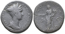 Sabina (Augusta, 128-136/7). Æ Sestertius (29mm, 28.32g). Rome, c. 136-8. Diademed and draped bust r. R/ Concordia standing l., leaning on column, hol...