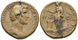 Antoninus Pius (Caesar, AD 138). Æ Sestertius (27mm, 28.05g). Rome. Bareheaded and draped bust r. R/ Pietas standing l., sacrificing over altar. RIC I...