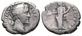 Antoninus Pius (138-161). AR Denarius (17mm, 2.90g). Rome. Laureate head r. R/ Fortuna standing l., holding patera above rudder on prow and cornucopia...