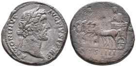 Antoninus Pius (138-161). Æ Sestertius (32mm, 21.80g, 11h). Rome, 145-7. Laureate head r. R/ Pius driving slow quadriga l., extending hand and holding...