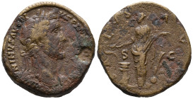 Antoninus Pius (138-161). Æ Sestertius (29.5mm, 27.00g). Rome. Laureate head r. R/ Salus standing facing, head l., feeding from patera a serpent arisi...