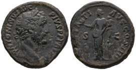 Antoninus Pius (138-161). Æ Sestertius (32mm, 26.65g). Rome, 159-60. Laureate head r. R/ Pietas standing l., holding globe and child; two children at ...