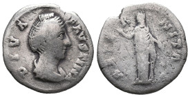 Diva Faustina Senior (died AD 140/1). AR Denarius (18mm, 2.73g). Rome, c. 146-161. Draped bust r. R/ Aeternitas (or Juno) standing l., raising hand an...