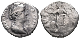 Diva Faustina Senior (died 140/1). AR Denarius (17mm, 1.90g). Rome, c. 146-161. Draped bust r. R/ Pietas standing facing, head l., raising hand and ho...