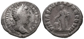 Marcus Aurelius (161-180). AR Denarius (17mm, 3.1g). Rome, AD 165-6. Laureate head r. R/ Pietas standing l., sacrificing with patera over lighted alta...