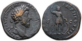 Marcus Aurelius (161-180). Æ Sestertius (33 mm, 25.84 g), Rome, 164-165. Obv. M AVREL ANTONINVS AVG ARMENIACVS P M Laureate head of Marcus Aurelius ri...