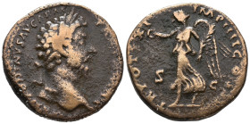 Marcus Aurelius (161-180). Æ Sestertius (27mm, 20.97g). Rome, AD 167. Laureate head r. R/ Victory advancing l., holding wreath and palm branch. RIC II...