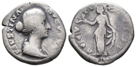 Faustina Junior (Augusta, 147-175). AR Denarius (17.5mm, 2.90g). Rome, 154-7. Draped bust r. R/ Spes standing l., holding flower and lifting skirt. RI...