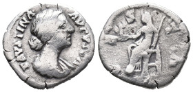 Faustina Junior (Augusta, 147-175). AR Denarius (18mm, 2.90g). Rome. Draped bust r. R/ Vesta seated l., holding palladium and sceptre. RIC III 737 (Au...