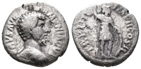 Lucius Verus (161-169). AR Denarius (16mm, 2.77g). Rome, AD 165. Bare head r. R/ Mars standing r., holding reversed spear and shield. RIC III 528. Fai...