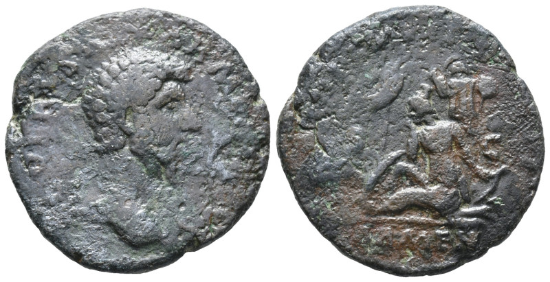 Lucius Verus (161-169). Æ As (22mm, 7.78g). Bareheaded bust r., R/ Armenia seate...