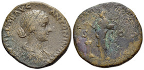 Lucilla (Augusta, 164-182). Æ Sestertius (29mm, 21.7g, 6h), Rome, 161-2. Draped bust r. R/ Pietas standing l., holding accerum and sacrificing over li...