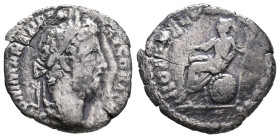 Commodus (177-192). AR Denarius (16mm, 2.06g). Rome. Laureate head r. R/ Roma seated left, holding Victory and sceptre; shield to r. Cf. RIC III 224. ...