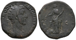 Commodus (177-192). Æ Sestertius. Rome. Laureate bust r., slight drapery. R/ Annona standing l., holding cornucopia and grain ears over modius. Cf. RI...