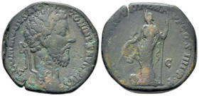 Commodus (177-192). Æ Sestertius (30mm, 25.71g, 6h). Rome, AD 183. Laureate head r. R/ Providentia standing l., holding wand over globe and sceptre. R...