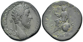 Commodus (177-192). Æ Sestertius (28mm, 17.49 g, 12h). Rome mint. Struck AD 184. Laureate head right / Italia seated left on globe, holding cornucopia...