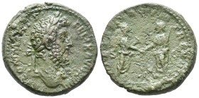 Commodus (177-192). Æ As (24mm, 12.65g). Rome, AD 188-9. Laureate head r. R/ Commodus standing r., holding roll and clasping hand of Genius of the Sen...