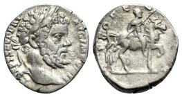 Septimius Severus (193-211). AR Denarius (17mm, 3.00g, 12h). Rome, 196-7. Laureate head r. R/ Severus on horseback r., raising r. hand. RIC IV 74; RSC...