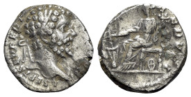 Septimius Severus (193-211). AR Denarius (17mm, 2.60g, 12h). Rome, AD 196. Laureate head r. R/ Fortuna seated l., holding rudder and cornucopiae; whee...