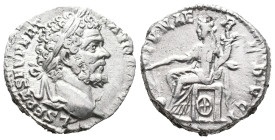 Septimius Severus (193-211). AR Denarius (16mm, 3.46g). Rome, 196-7. Laureate head r. R/ Fortuna seated l., holding rudder and cornucopia; wheel benea...