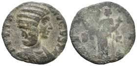 Julia Domna (Augusta, 193-217). Æ As (25mm, 8.50g). Rome, c. 198-200. Draped bust r. R/ Hilaritas standing l., holding long palm frond and cornucopia....