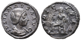 Julia Maesa (Augusta, 218-224/5). AR Denarius (17mm, 2.33g). Rome, 220-2. Draped bust r. R/ Pudicitia seated l., drawing veil from face and holding sc...
