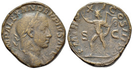 Severus Alexander (222-235). Æ Sestertius (29mm, 23.49g, 12h). Rome, AD 232. Laureate bust r., slight drapery. R/ Sol standing l., raising hand and ho...