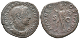Severus Alexander (222-235). Æ Sestertius (27mm. 15.82g). Rome, AD 234. Laureate, draped and cuirassed bust r. R/ Sol advancing l., raising hand and h...