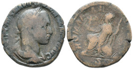 Severus Alexander (222-235). Æ Sestertius (26mm, 17.62g). Rome, AD 228. Laureate and draped bust r. R/ Roma seated l. on shield, holding Victory and s...