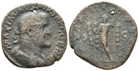 Maximinus I (235-238). Æ Sestertius (26mm, 11.57g). Rome, AD 238. Laureate, draped and cuirassed bust r. R/ Maximinus standing l., raising hand and ho...