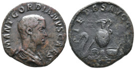 Gordian III (Caesar, AD 238). Æ Sestertius (25mm, 14.44g). Rome, c. April-June AD 238. Bareheaded and draped bust r. R/ Emblems of the pontificate: li...