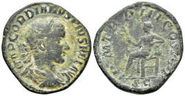 Gordian III (238-244). Æ Sestertius (30mm, 18.77g, 12h). Rome, AD 240. Laureate, draped and cuirassed bust r. R/ Apollo seated l., holding branch and ...